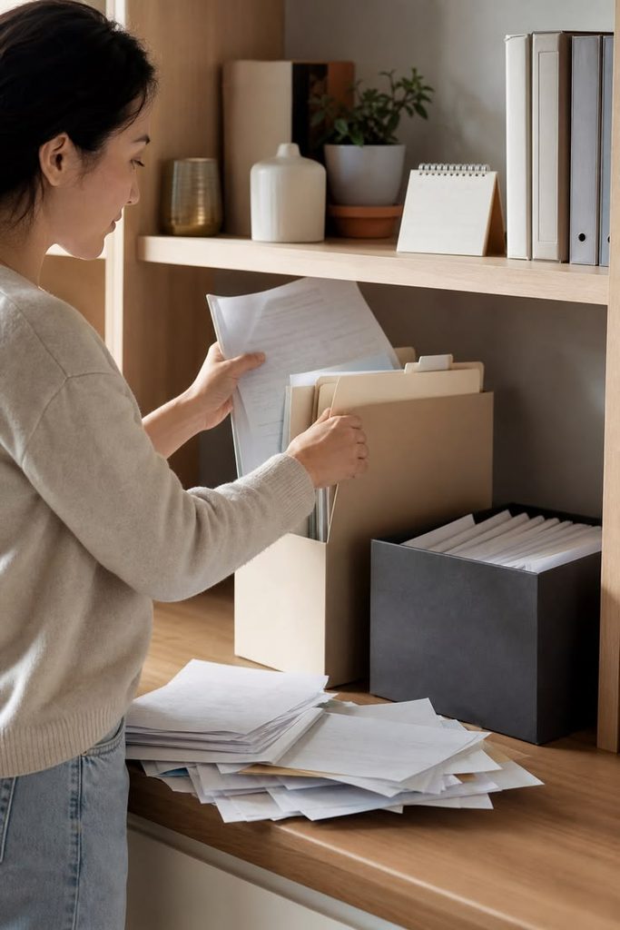 a young lady organizing important documents at home