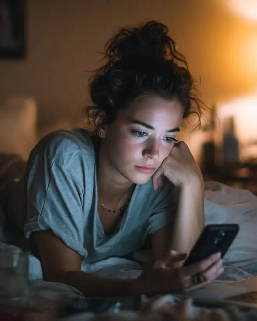 a young lady with her phone while on bed