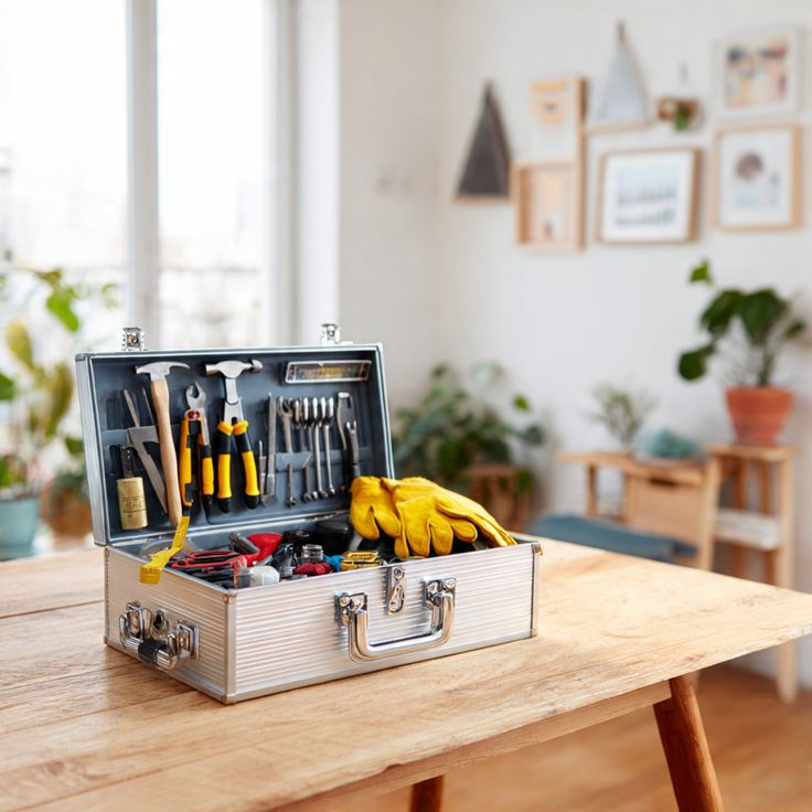 A small open tool box showing a screwdriver, hammer, and pliers