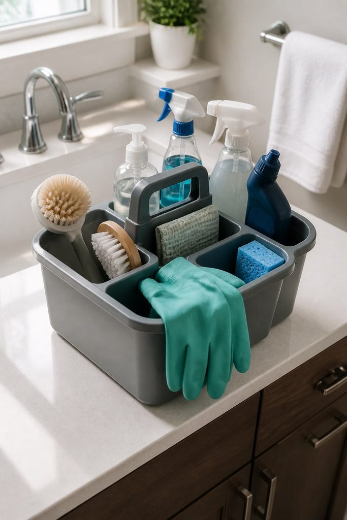Toilet brush and bathroom cleaner stored neatly as one of first apartment essentials
