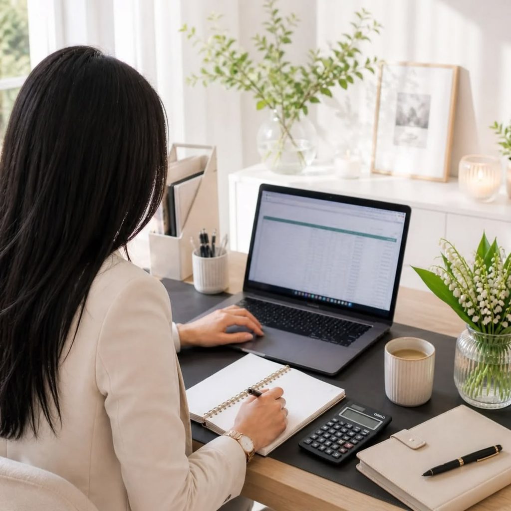 A young adult sitting at a small desk checking a budget  as regards to how to manage the responsibilities of living on your own