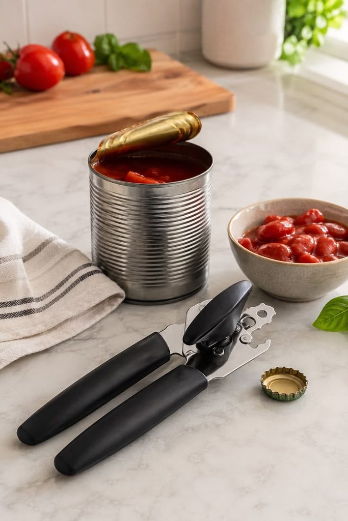 A simple manual can opener placed beside canned food