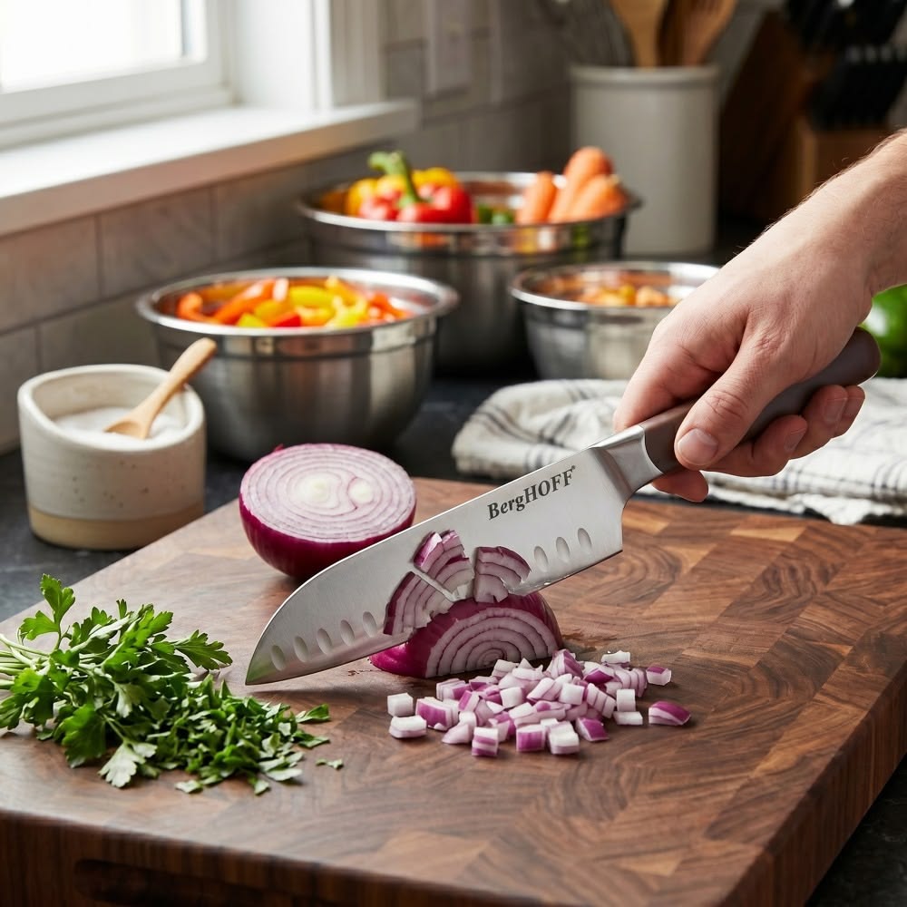 Young adult safely chopping vegetables with one good kitchen knife on a cutting board as part of first apartment essentials