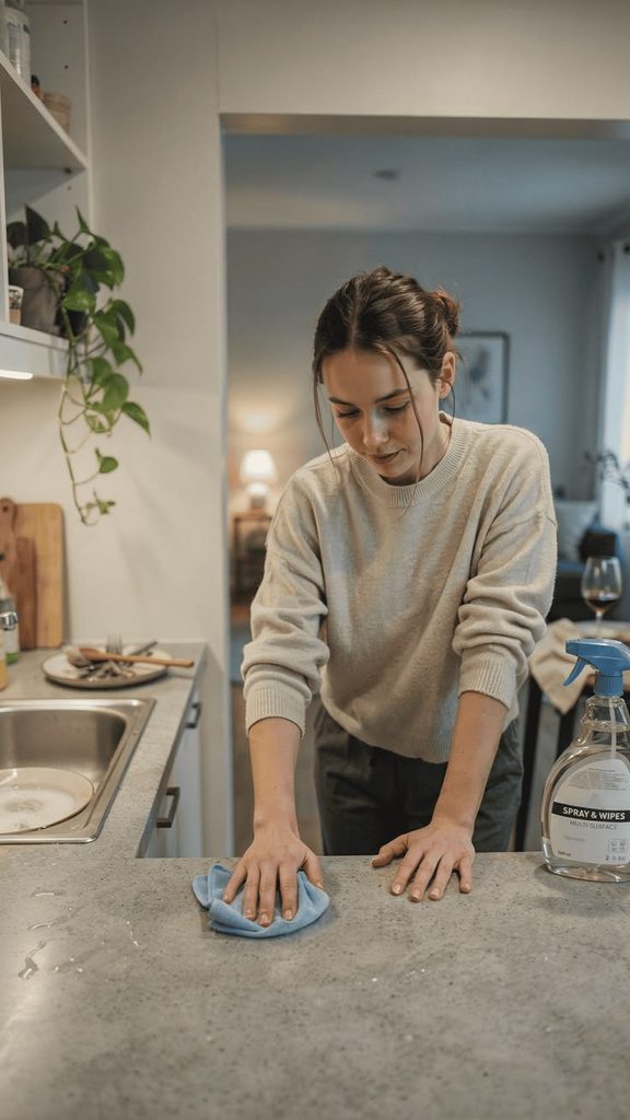 A young adult wiping a kitchen counter  as regards to how to manage the responsibilities of living on your own