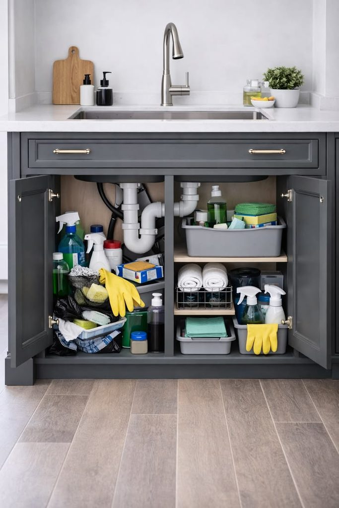 A pair of household cleaning gloves placed beside basic cleaning supplies under a kitchen sink.