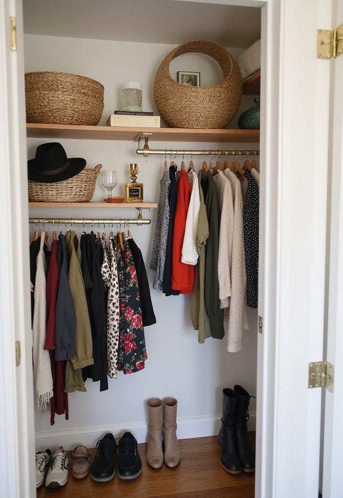 A small apartment closet with clothes neatly hanging on simple hangers