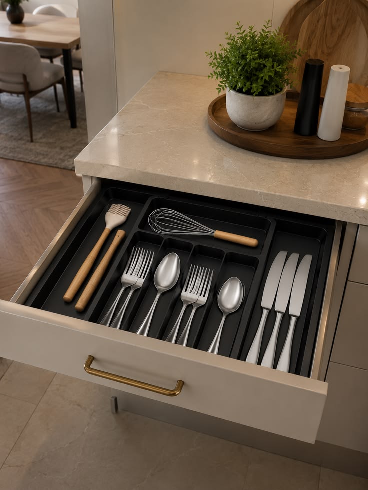 Forks, spoons, and table knives arranged neatly inside a kitchen drawer
