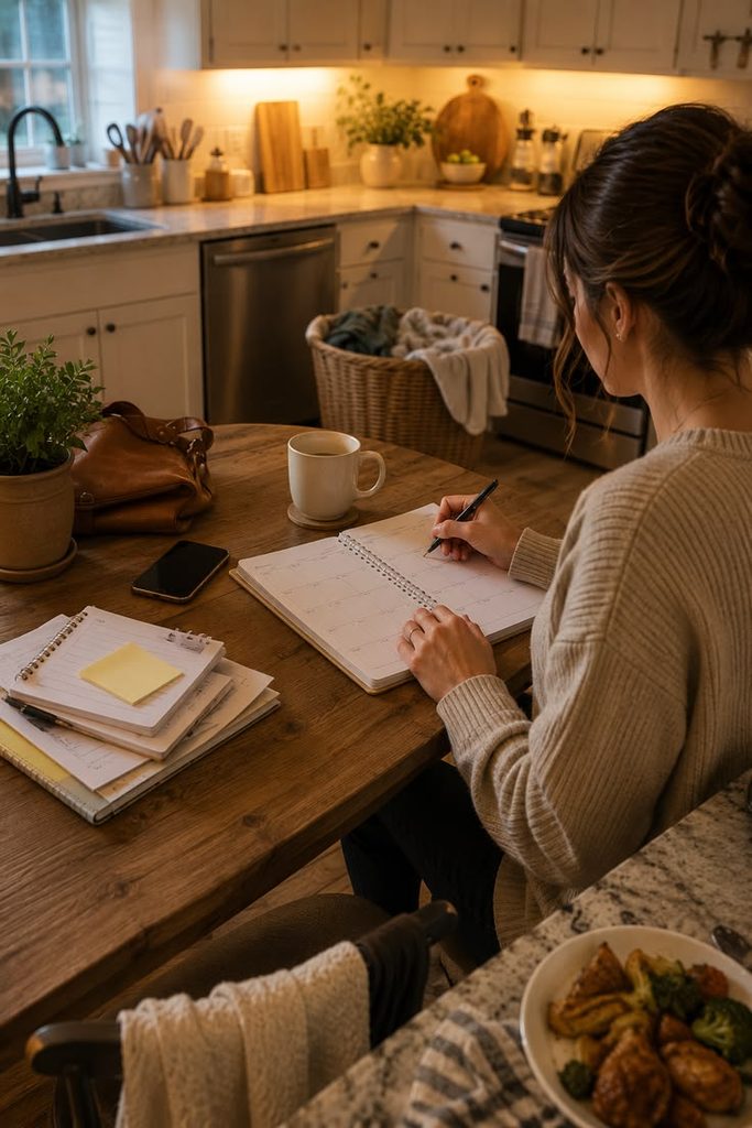A young adult writing a simple weekly schedule in a notebook at a kitchen table