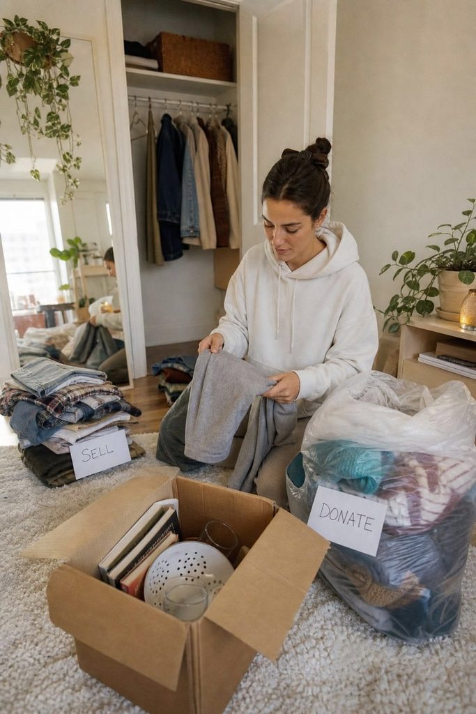 A young adult sorting belongings into keep, donate, and sell piles