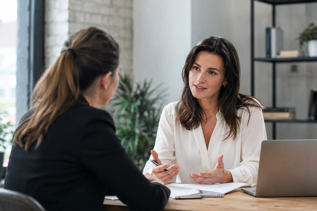 employee explaining work achievements manager meeting