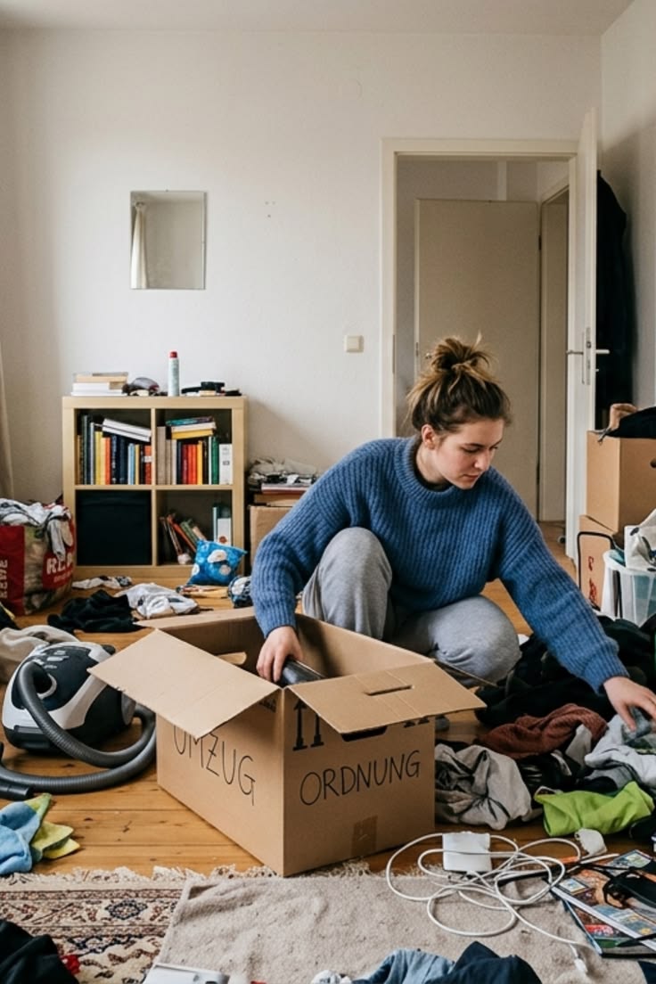 A young adult in a simple first apartment surrounded by household properties