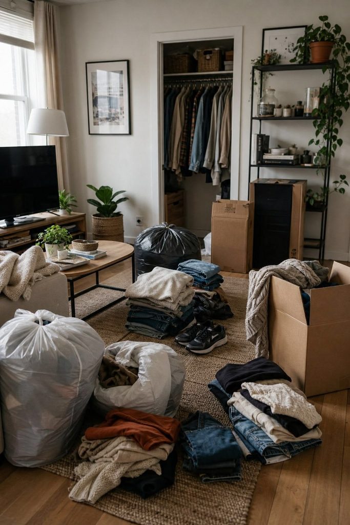 An overnight bag sitting beside moving boxes with clothes, a towel,  and other first-night essentials visible.