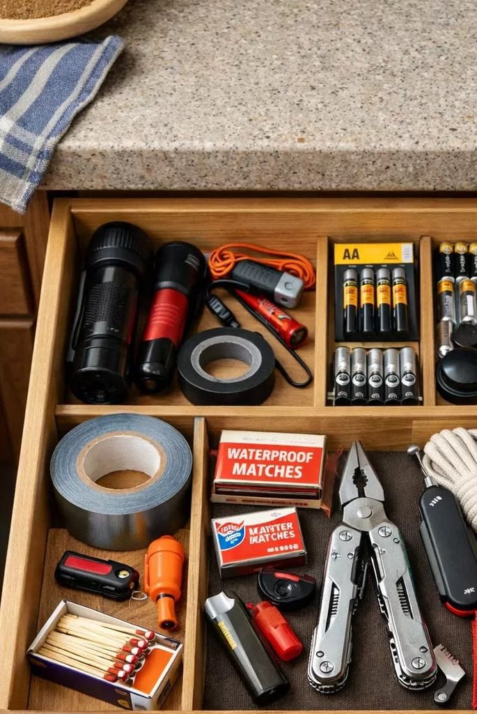 A flashlight stored in a small drawer with other basic emergency items