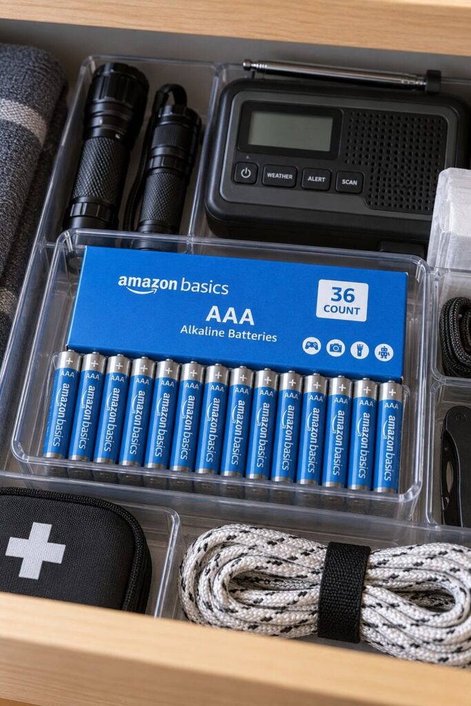 A flashlight and spare batteries sitting together in an easy-to-reach drawer