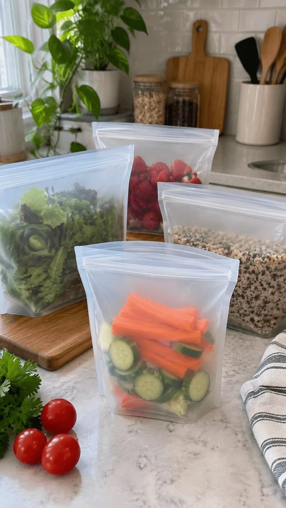 Reusable food storage bags and a few leftovers arranged neatly on a kitchen counter.