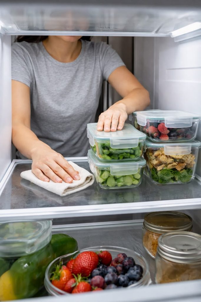 Clear food containers with leftovers neatly arranged inside a refrigerator as part of first apartment essentials