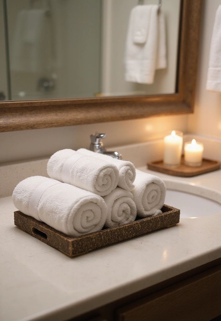 washcloths folded neatly beside a bathroom sink