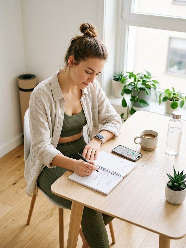 A young adult using phone reminders and a simple planner while organizing household tasks