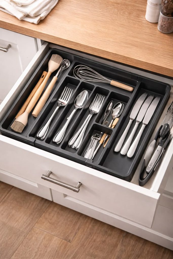 Forks, spoons, and table knives neatly organized inside a kitchen drawer