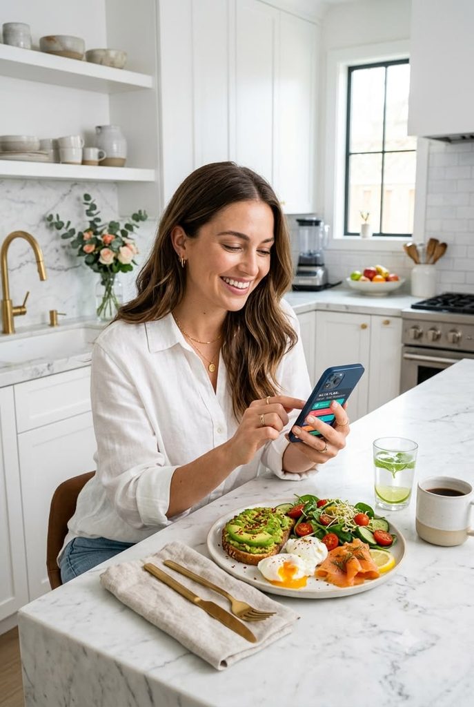 lady assessing her phone in the kitchen