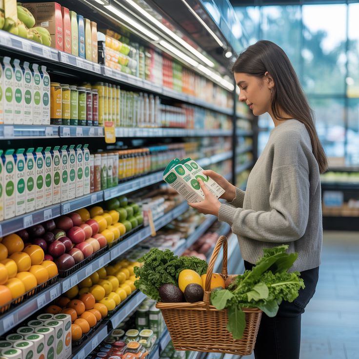lady comparing two similar grocery products as regards to how to prepare for your first grocery shopping trip