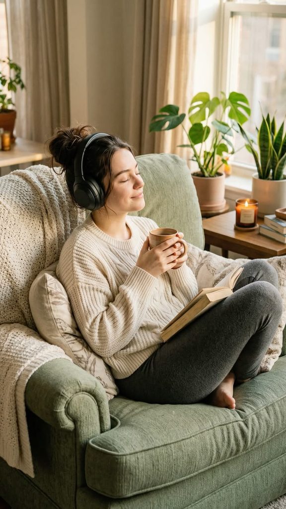 lady relaxing alone at home apartment