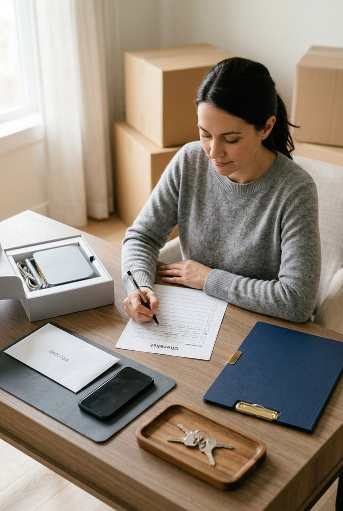 lady reviewing apartment lease at home