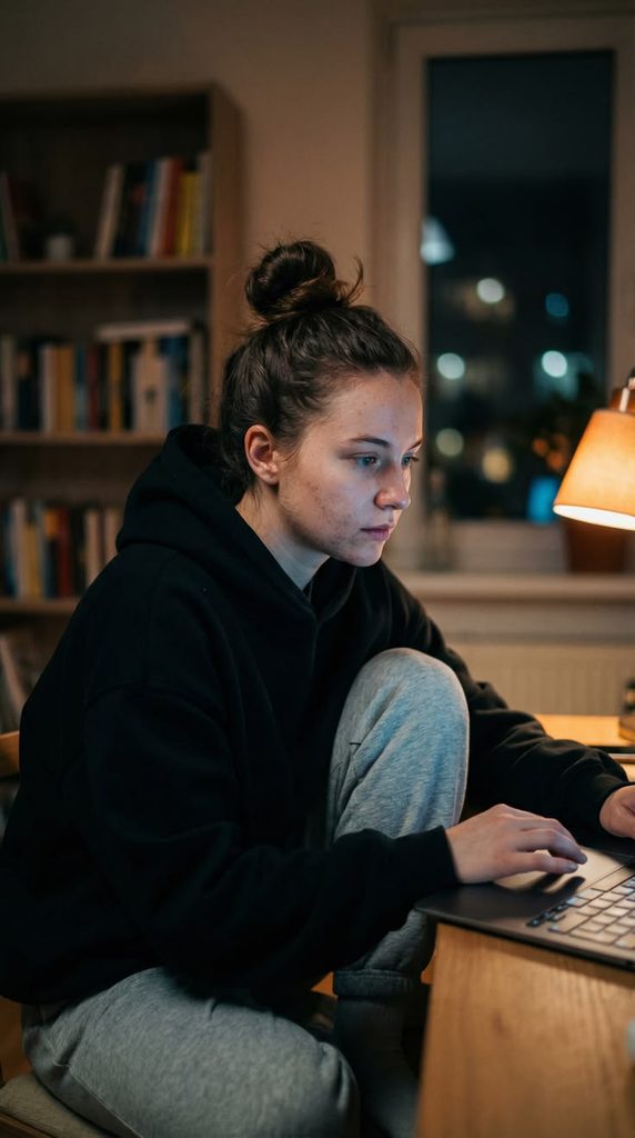 lady sitting in a room while checking through her laptop