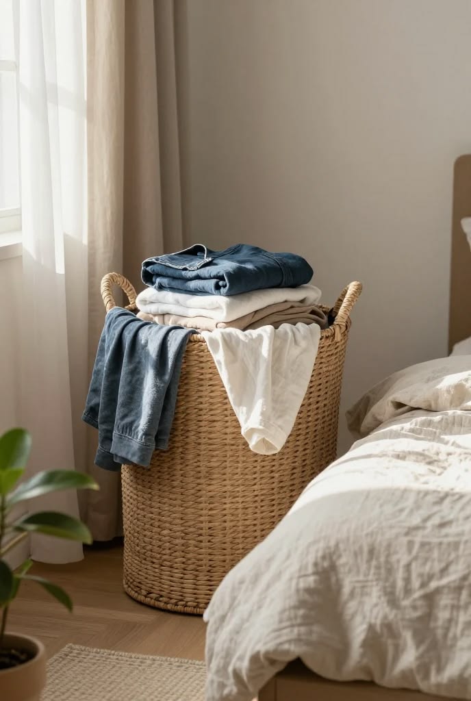 A simple laundry basket filled with clothes sitting beside a bedroom
