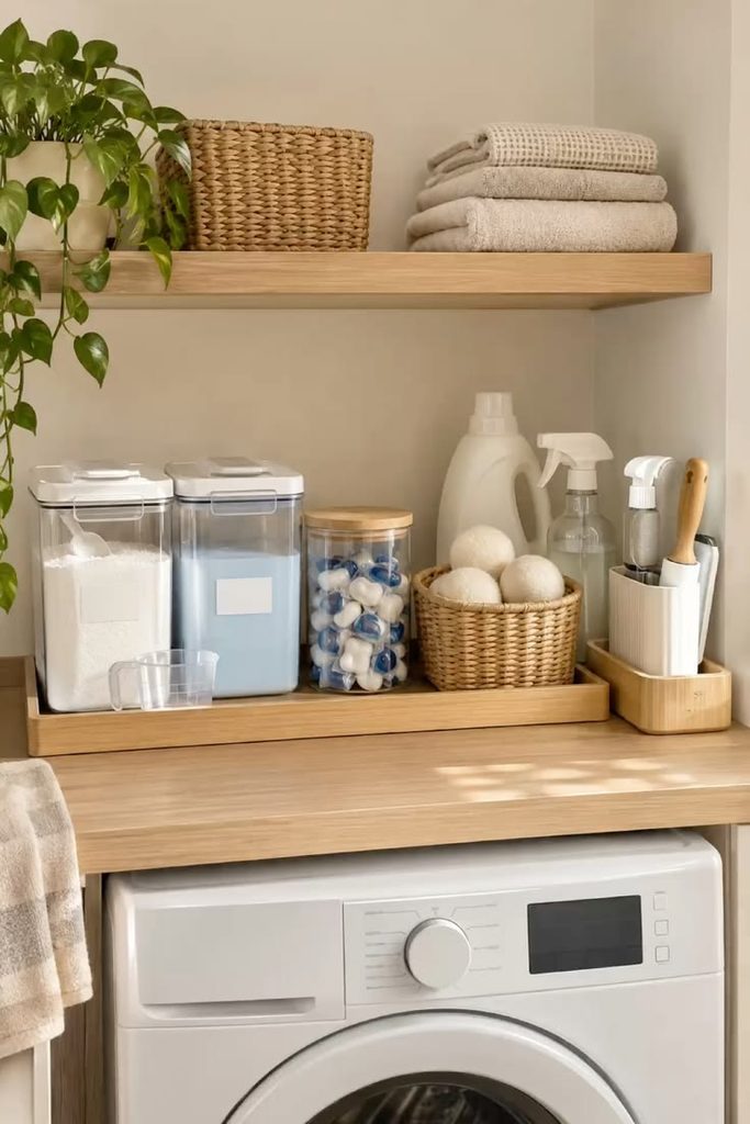 laundry detergent set neatly inside the laundry room