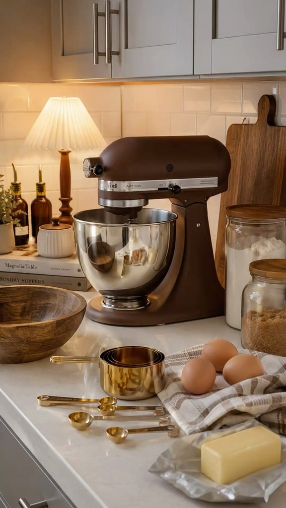 Measuring cups and spoons arranged beside simple cooking ingredients on a kitchen counter.