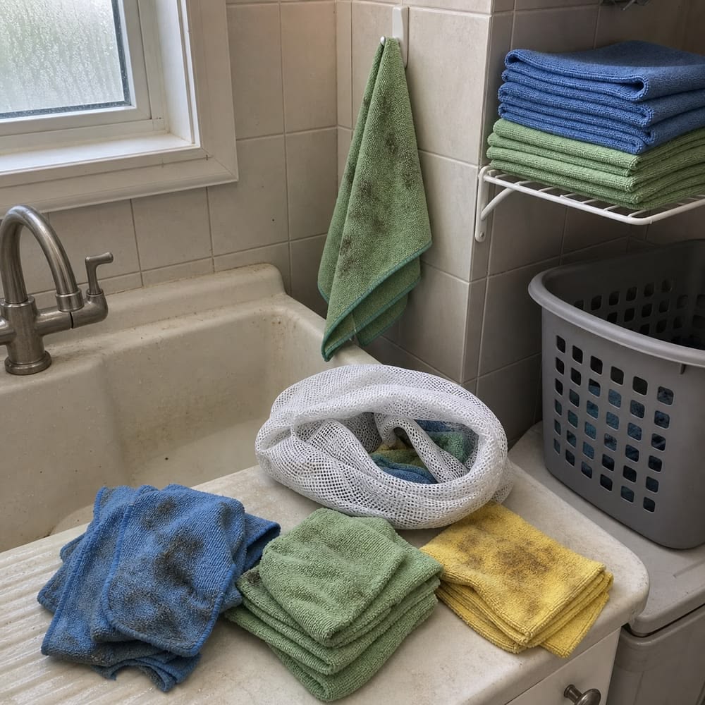 Several clean microfiber cloths kept for washing on the sink