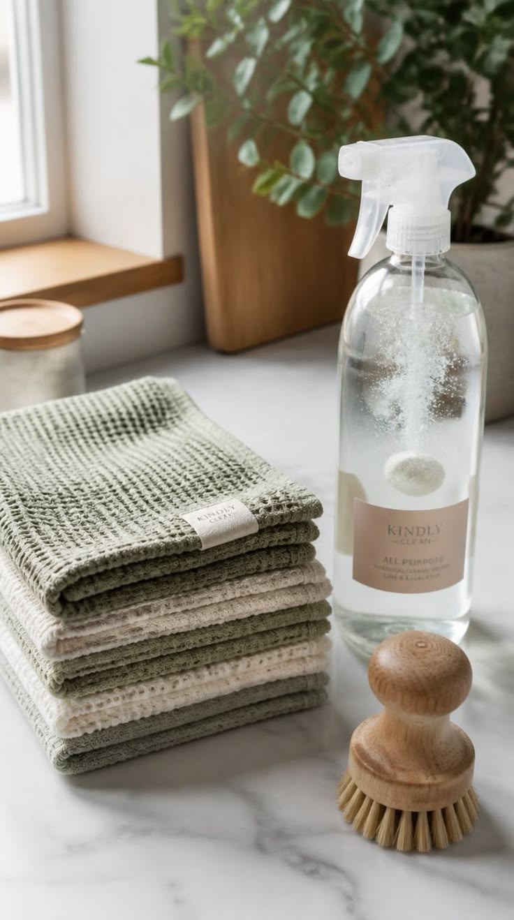 Several clean microfiber cloths folded beside all purpose cleaner