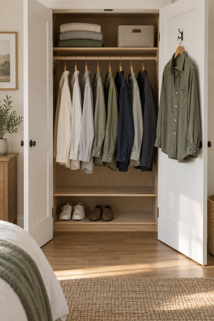Small apartment closet with everyday clothes neatly hanging on simple hangers.