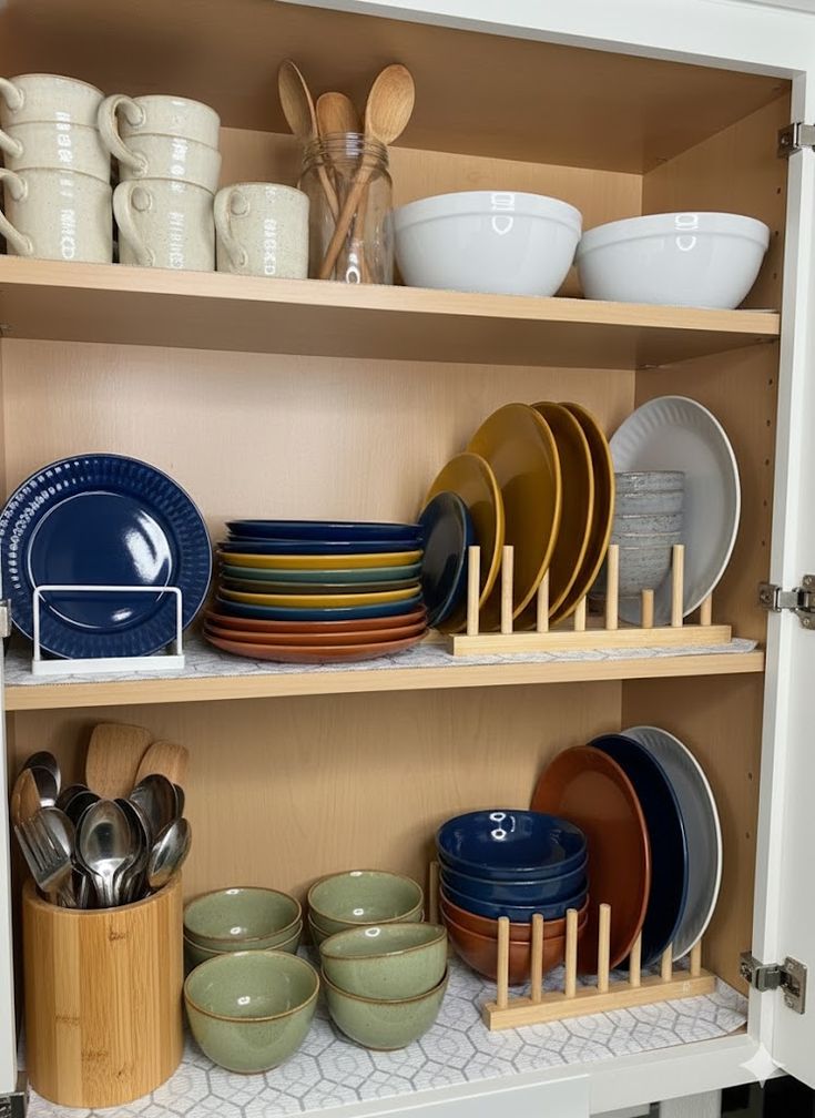 A small stack of simple everyday plates inside an apartment kitchen cabinet