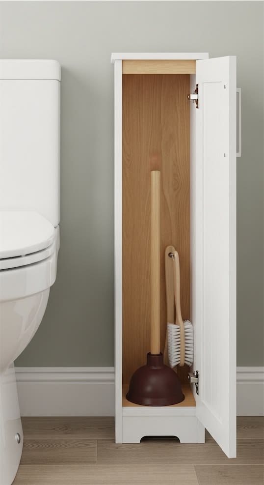 A simple toilet plunger stored inside a small bathroom storage area as one of first apartment essentials