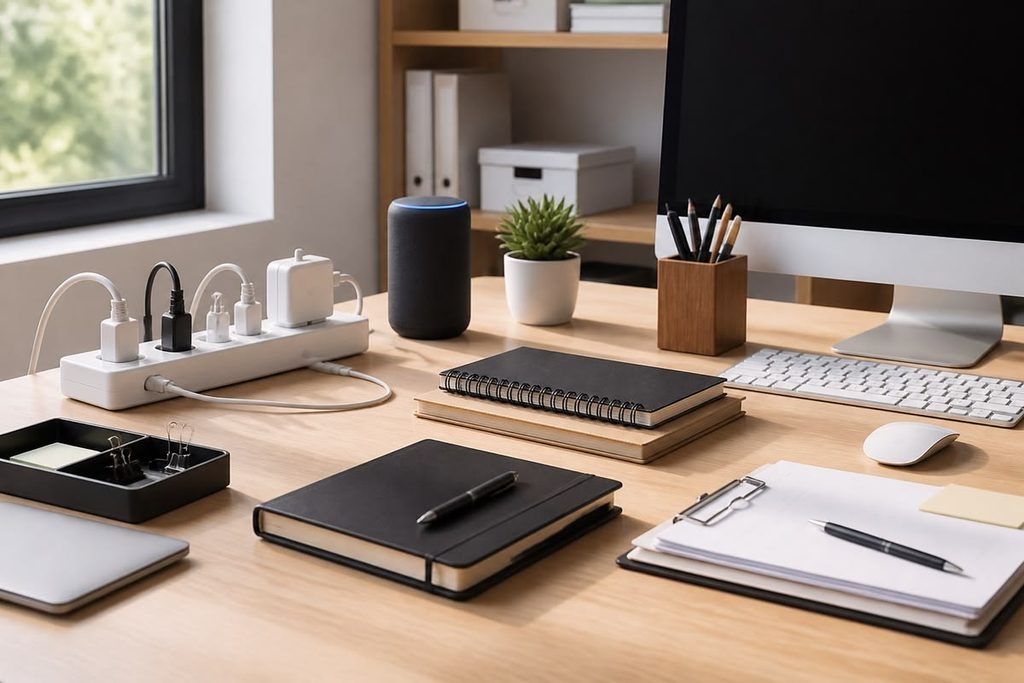 A power strip neatly placed on a small desk with a desktop and notebook beside