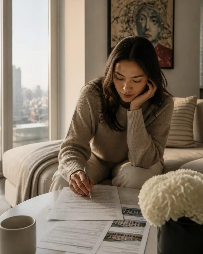 young lady reading rental agreement at home  as regards to how to manage the responsibilities of living on your own