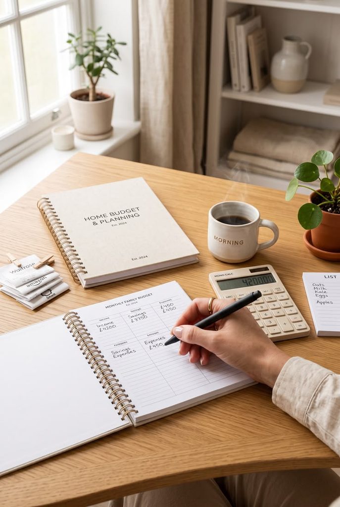 A young adult sitting at a table reviewing their monthly expenses