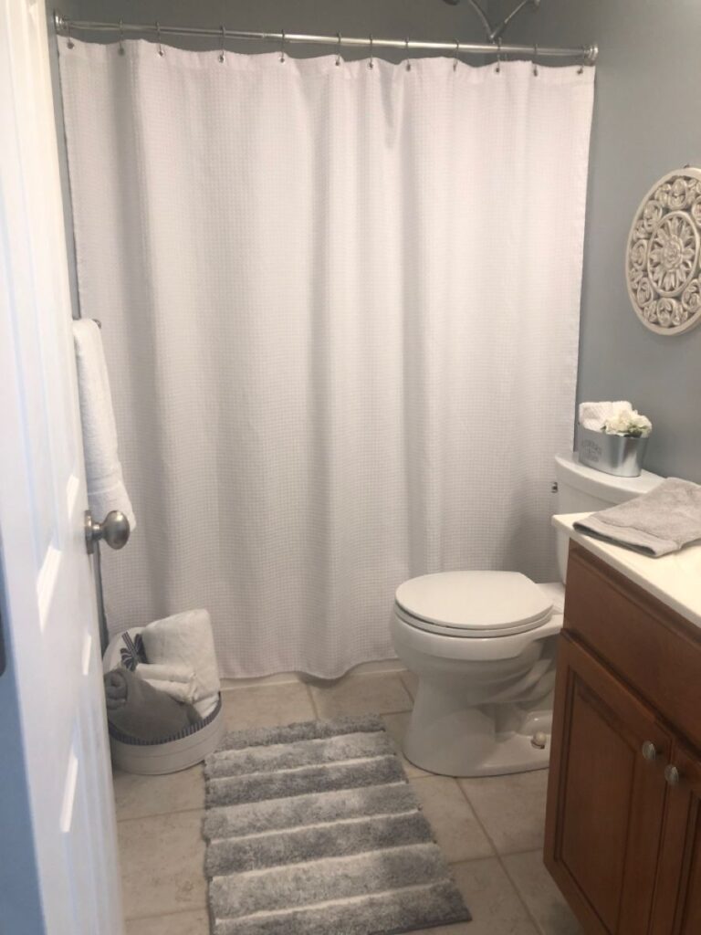 A simple apartment bathroom with a shower curtain