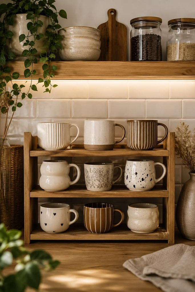 simple mugs sitting in a small kitchen counter as part of first apartment essentials