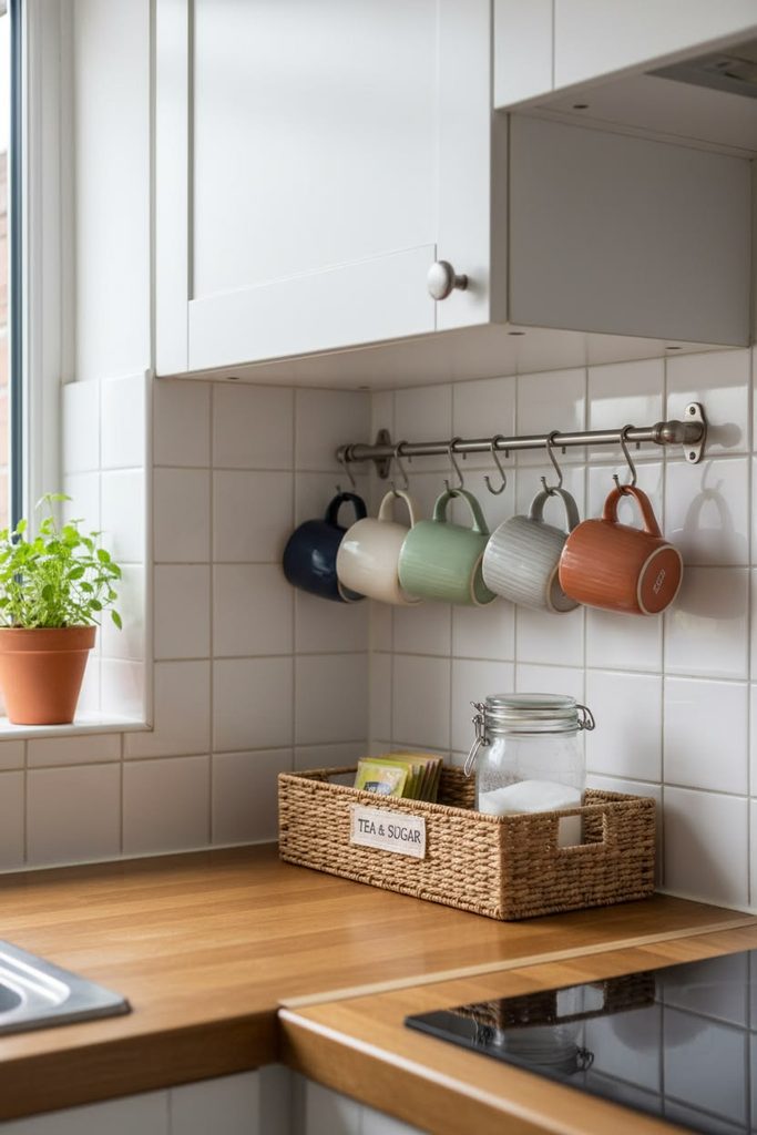 everyday mugs sitting neatly on a small kitchen rack