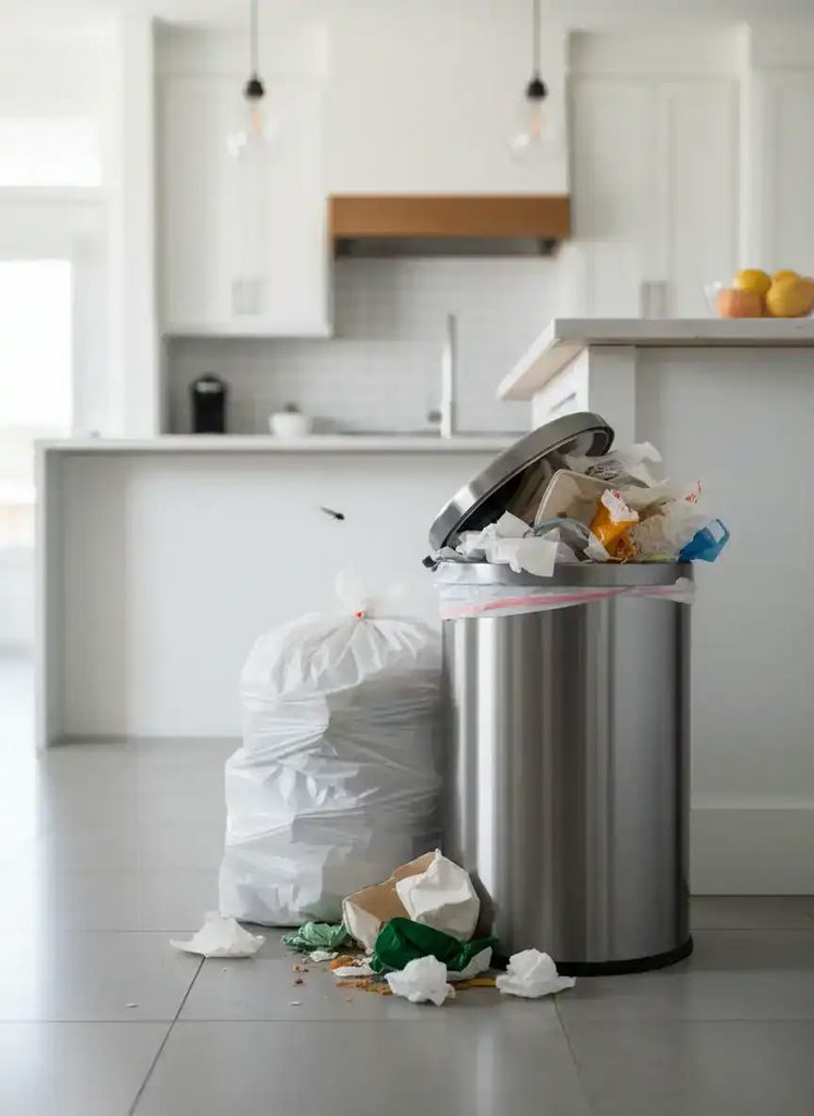 small apartment kitchen trash can as part of first apartment essentials