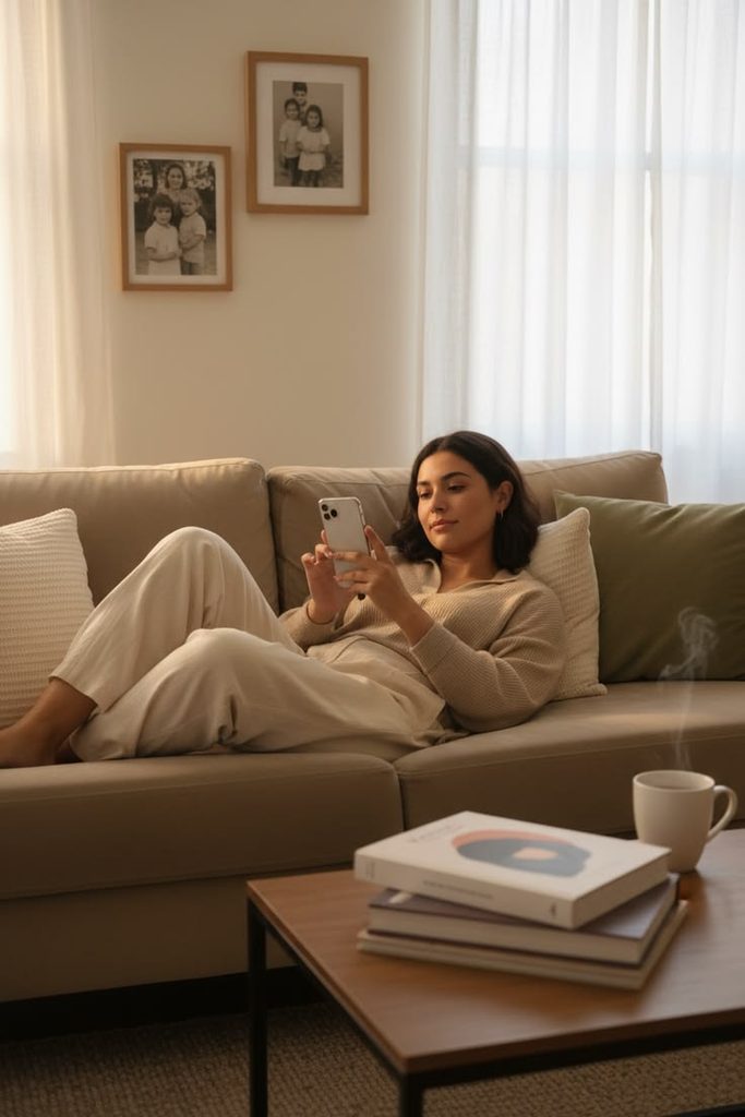 A young lady sitting comfortably at home while looking thoughtfully at their phone