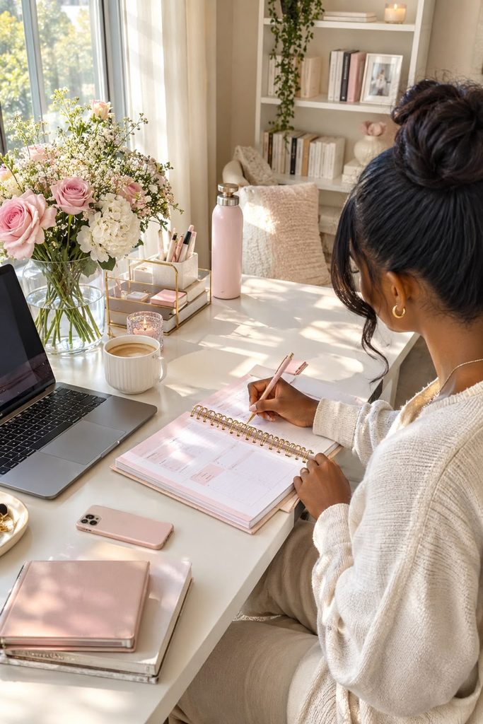 A young adult sitting at home with a notebook and laptop  as regards to how to manage the responsibilities of living on your own