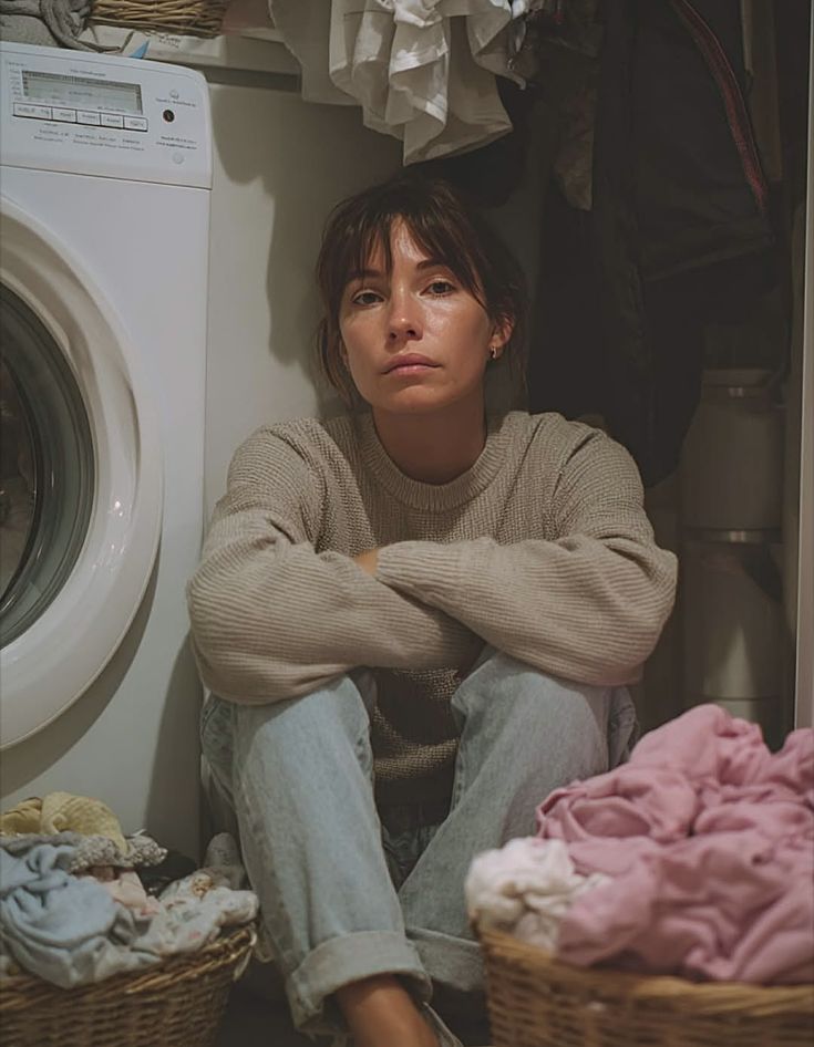 young adult sitting beside a washing machine