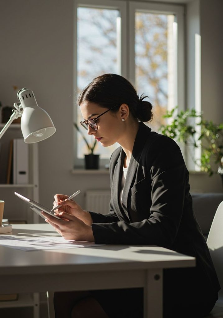 A young adult working at a simple office desk with an ipad