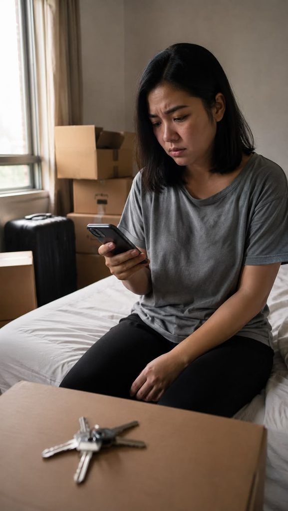 young lady looking through her phone with a worried expression