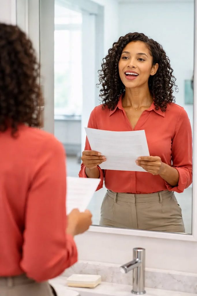 young professional practicing presentation mirror