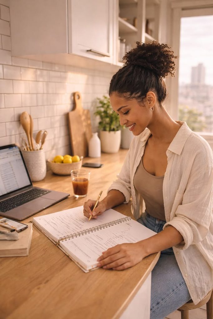 young woman planning weekly routine at home apartment as regards to what to expect when you move out for the first time